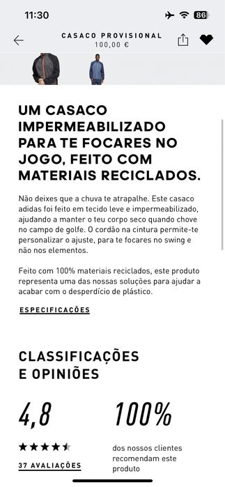 Casaco Corta Vento Golf Adidas como novo