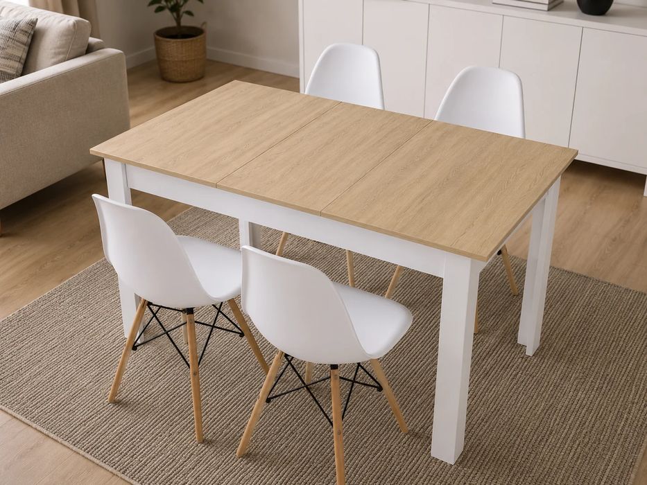 NOWY Stół Rozkładany 120/160x80 cm z Krzesłami Duży Do Domu Kuchni Jadalni Salonu Biały Dąb Sonoma Stół i Krzesła Kuchenny Zestaw Komplet Mebli OKAZJA