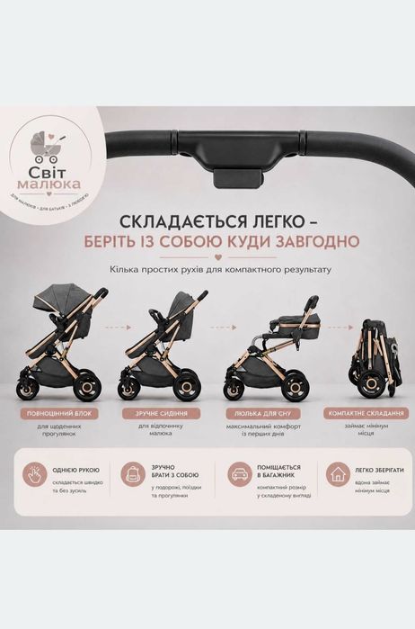 Дитяча коляска 3в1, сіра, стильна та зручна