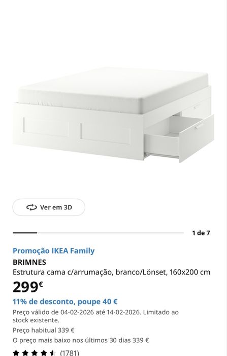 Cama Casal IKEA BRIMNES (160x200cm) c/ 4 Gavetões Arrumação – Branca
