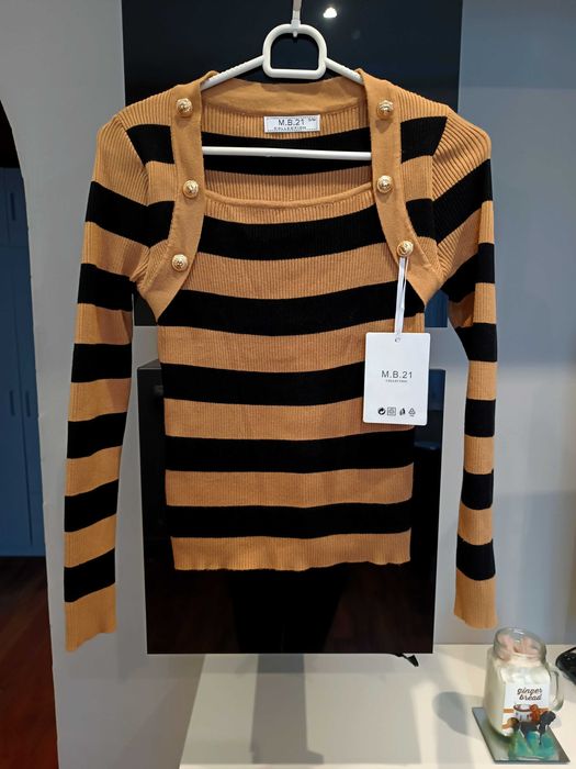Nowa sweterkowa bluzka paski prążkowa kwadratowy dekolt karmel czarny