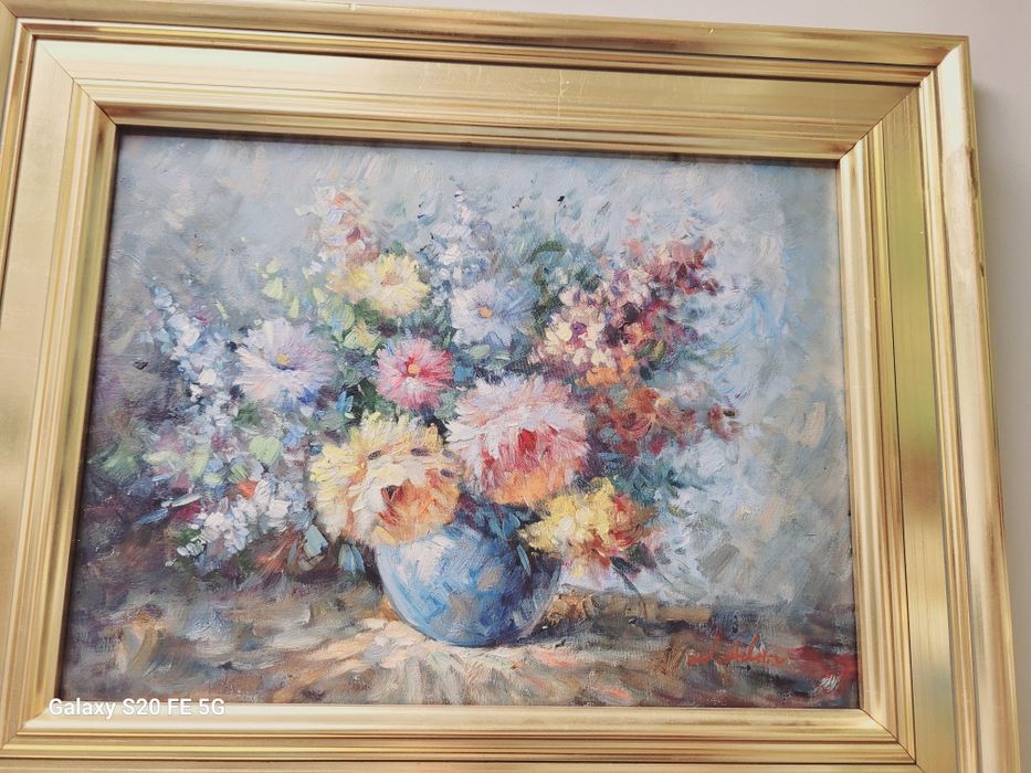 Obraz Olejny Martwa Natura  Kwiaty Sygnowany 57x48 cm