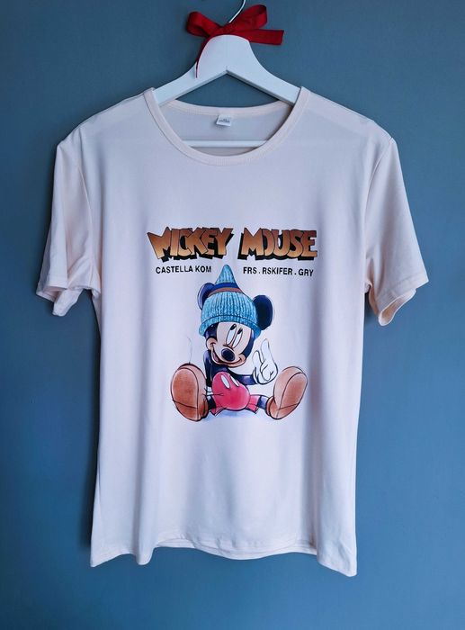 Beżowy t-shirt z dużym nadrukiem Myszka Miki