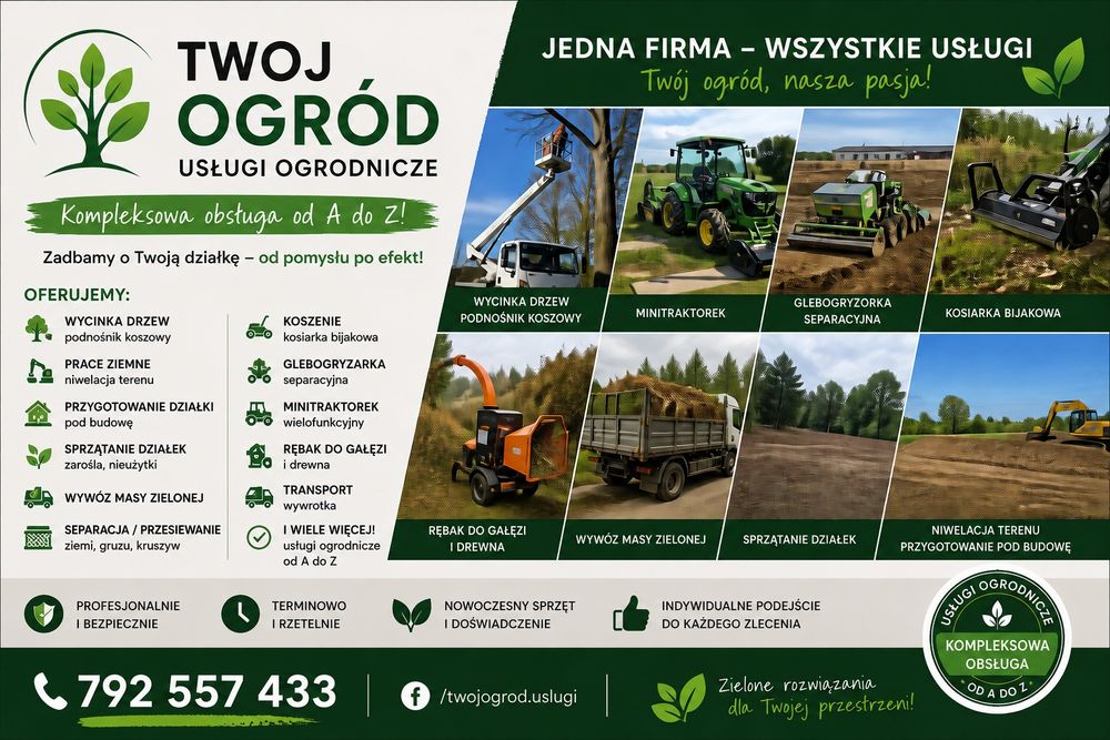 Usługi ogrodnicze od A do Z  wycinka drzew podnośnik koszowy minitraktorek glebogryzarka separacjyjna kosiarka itp.