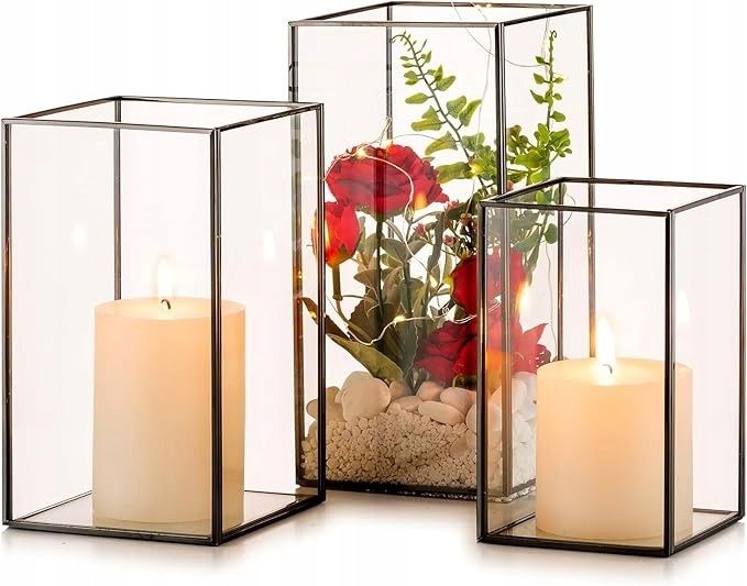 Elegancki Szklany Świecznik Latarnia Piękna Dekoracja Zestaw 3 Sztuk