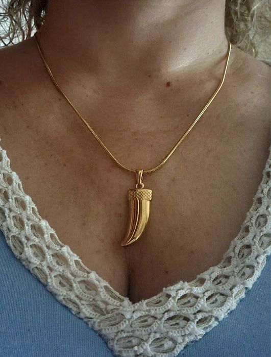 Colar dourado, em aço, com pingente em forma de corno.