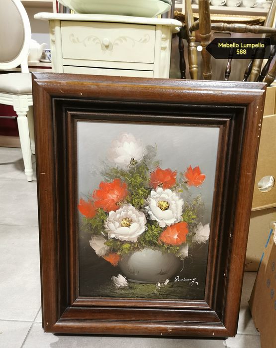 Obraz kwiaty białe czerwone bukiet w drewnianej ramie sygnowany 588