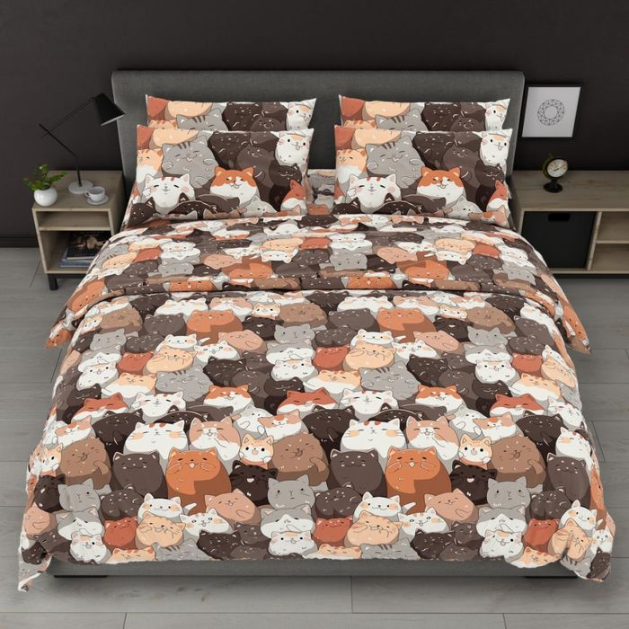 Великий вибір! Постільна білизна полуторна коти бязь листя пірʼя газет