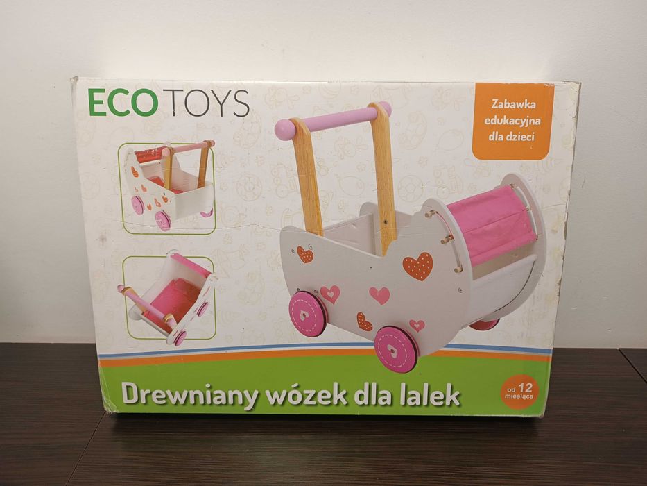 Drewniany wózek dla lalek Ecotoys w serduszka