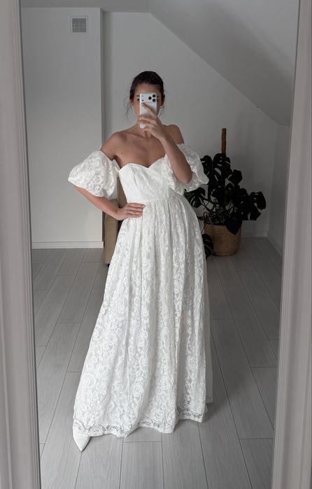 Suknia ślubna koronkowa bufki romantyczna litera A