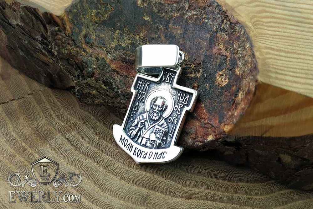 Мужская Серебряная ладанка, подвеска Николай Чудотворец + Распятие