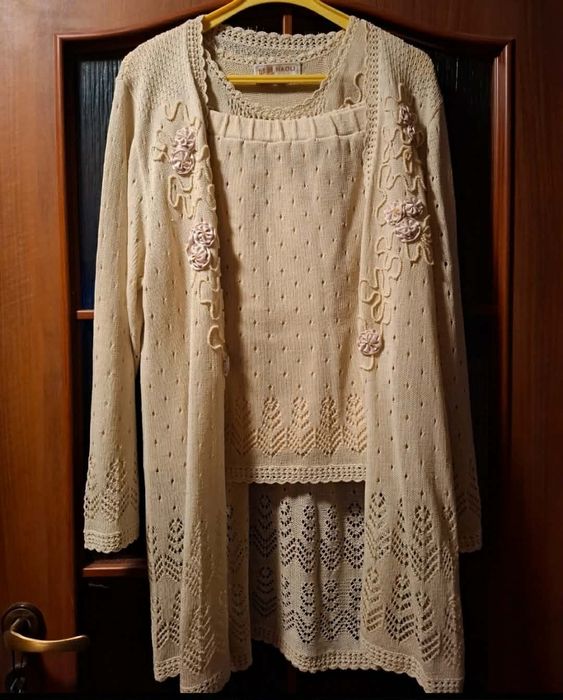 Komplet damski 3 części top kardigan spódnica