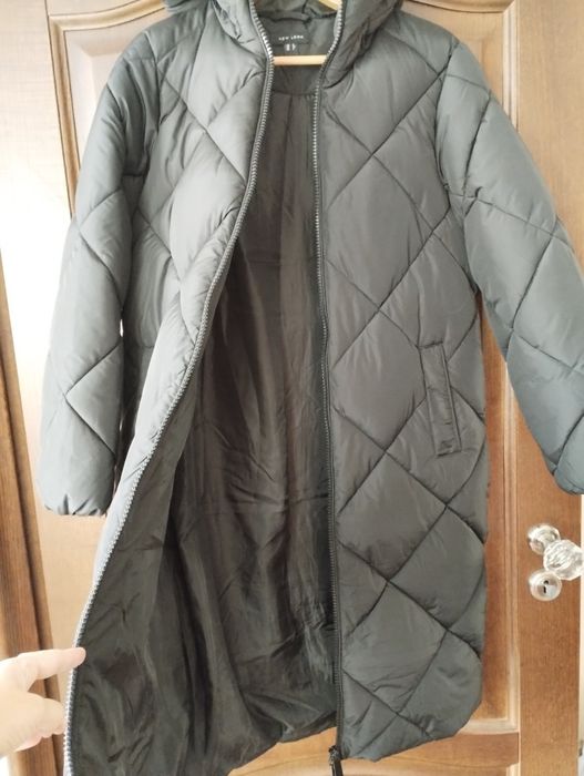 New Look płaszcz pikowany długa kurtka zimowa R 34/36 kaptur czarny