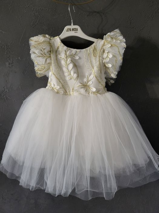 Piękna sukienka dla dziewczynki tiul biała złota nowa