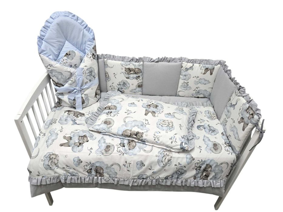 SZARA Wyprawka do łóżeczka, pościel, rożek, 7el, bawełna, MIŚ niebiesk