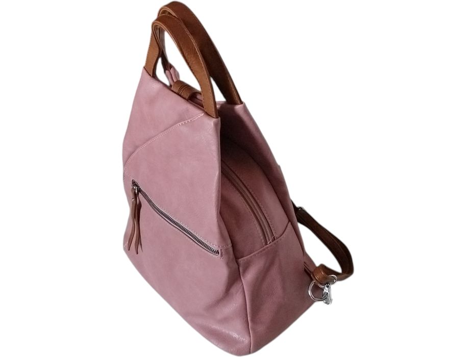 Modny Plecak Damski Worek na Ramię, 6 Kieszeni, Różowy, Ekoskóra