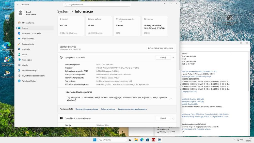 Komputer Hp Intel 2x2,7GHz ram 8GB hdd 1000 GB Windows 11