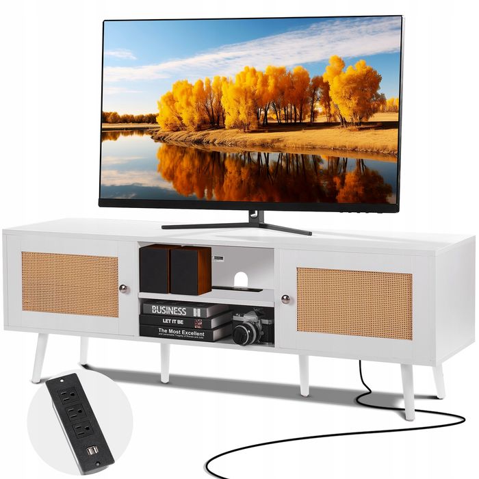 VEVOR stojak pod telewizor Z rattanu 165 cm 65 cali biały mocny