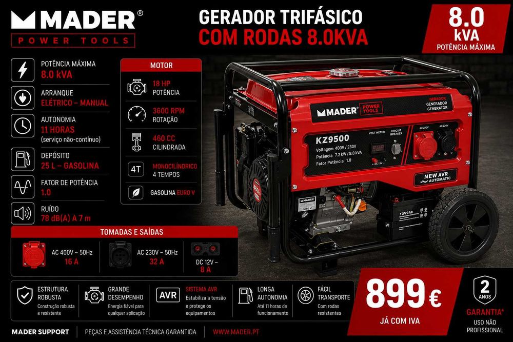 GERADOR TRIFÁSICO COM RODAS 8.0KVA MADER