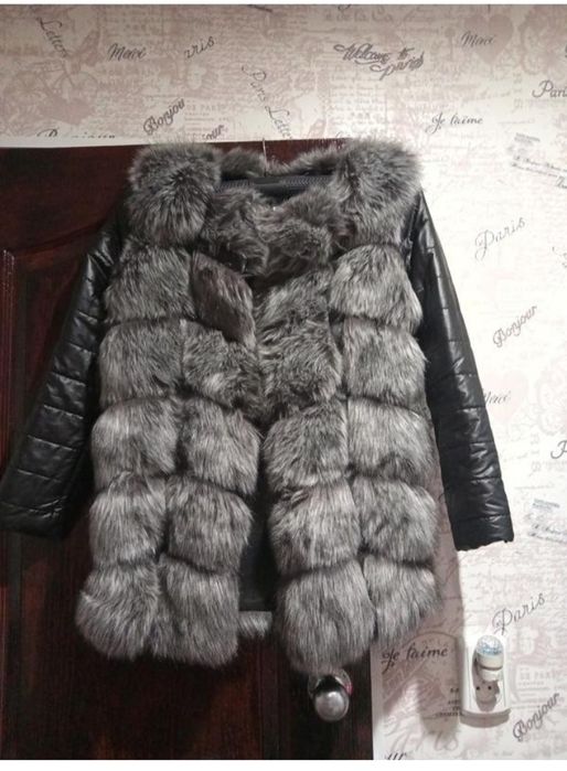 Шуба єко хутро з шкіряними рукавами
