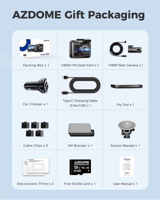 Wideorejestrator samochodowy AZDOME GS63HPRO  4K GPS przód TYŁ + 64GB