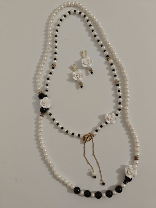 Кольє буси та сережки " в стилі Шанель" класичний стиль білес золотом