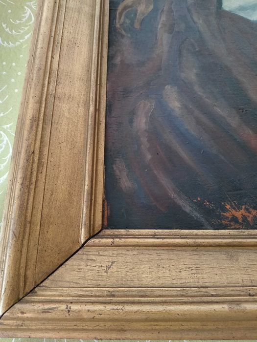 Stary obraz olejny w złotej ramie, anioł i kobieta (60x110cm)