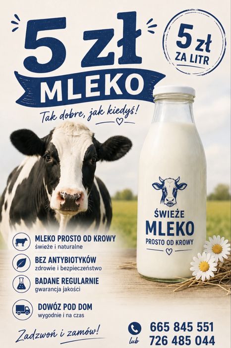 Świeże, naturalne mleko krowie