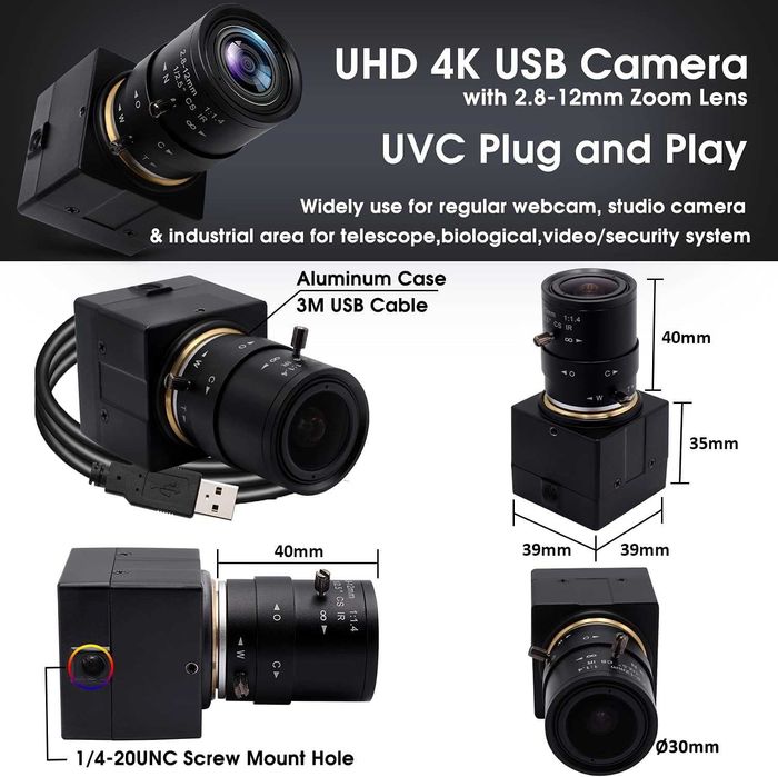 Kamera internetowa Svpro 4K USB UltraHD z obiektywem z zoomem 2,8-12mm