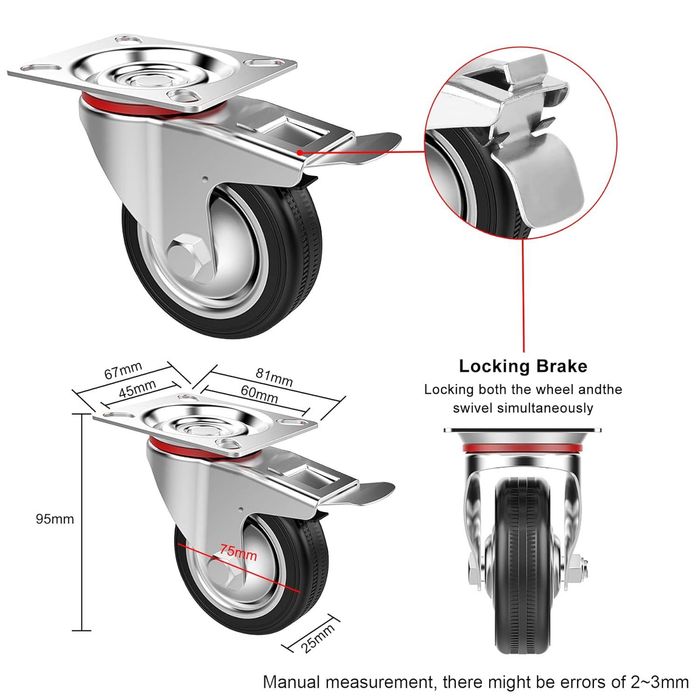 zestaw 4 gumowych kół transportowych 75 mm z hamulcami nośność 200 kg