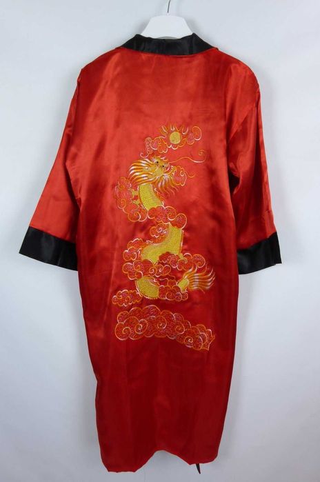 Satynowy dwustronny szlafrok wyszywany smok / S