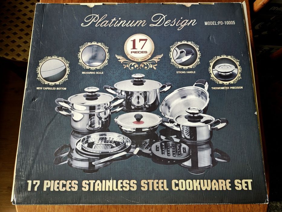 Zestaw naczyń garnki patelnie Platinum Design ze stali nierdzewnej 17 elementów