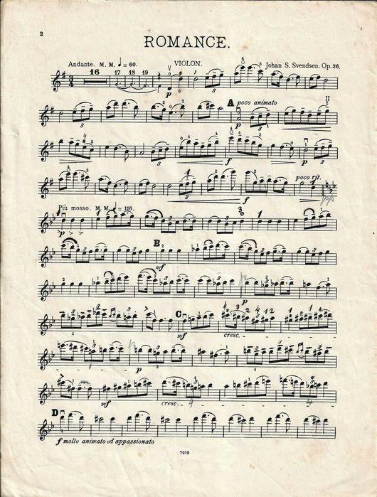SVENDSEN - Romance op.26 para Violino e Piano - Partitura Histórica - Edição Augener's - Carimbo Sassetti