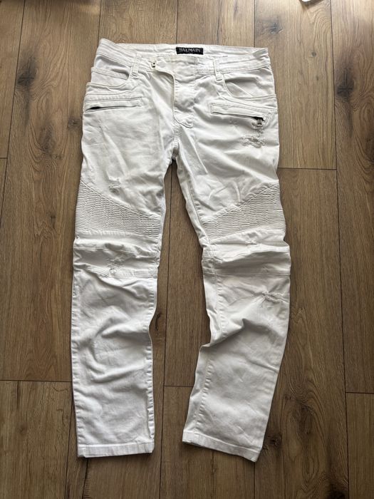Balmain Biker Jeans White Distressed Pants Slim Fit spodnie