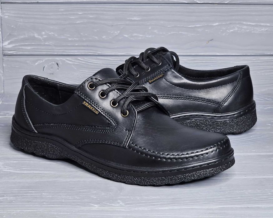 39-48рр! Кожаные мужские черные широкие прошитые туфли резинка шнурок!