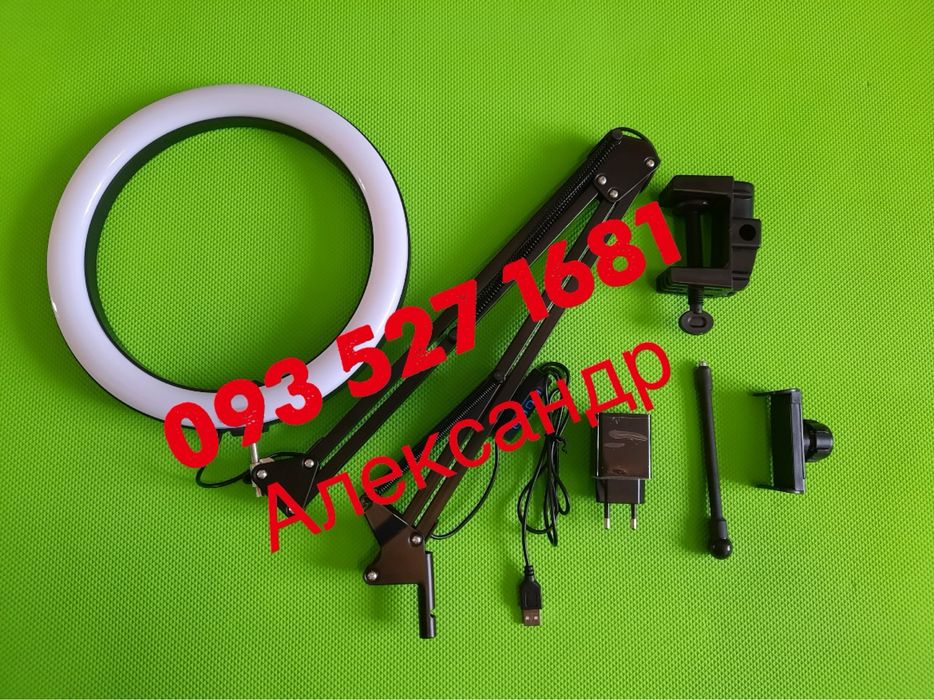 Кольцевая  настольная лампа led на струбцине,  пантограф,12w USB