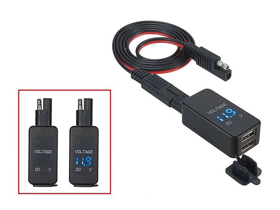 Carregador USB 2,1A Impermeável, ficha SAE e Voltímetro p/Motocicleta