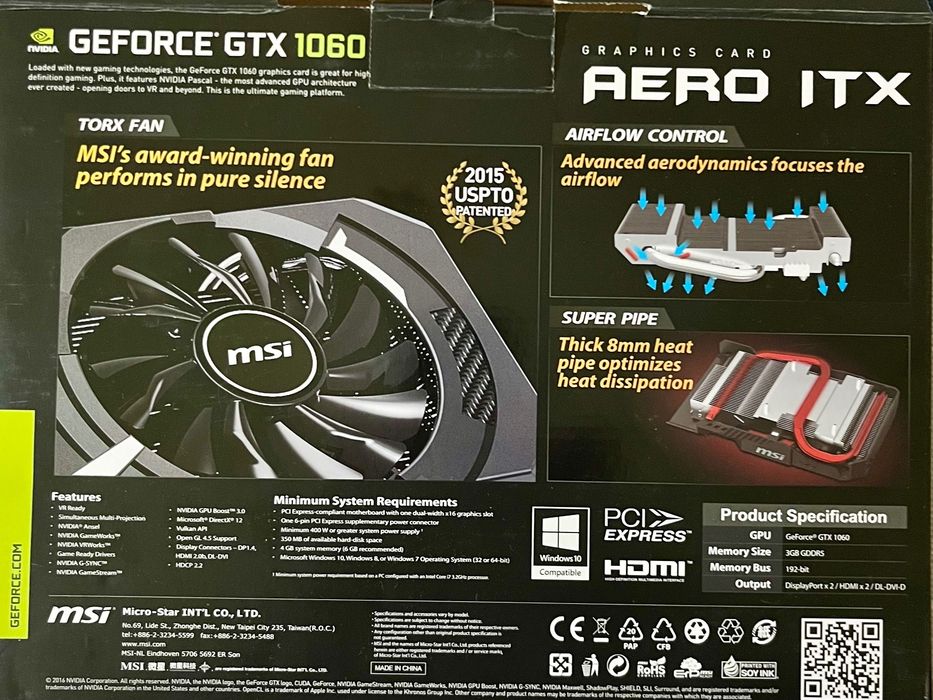 Відеокарта MSI PCI-Ex GeForce GTX 1060 Aero ITX OC 3GB GDDR5 (192bit)