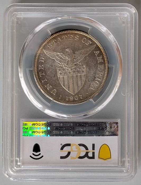 Moeda Prata 1907 Filipinas / USA Peso PCGS MS61