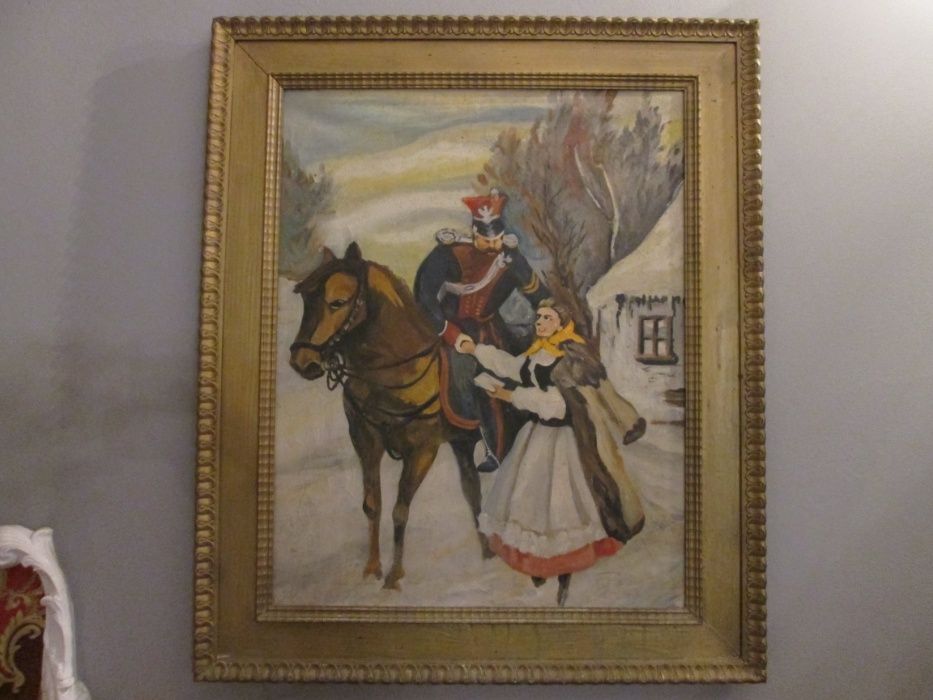 Obraz olejny na płótnie. Ułan i dziewczyna.