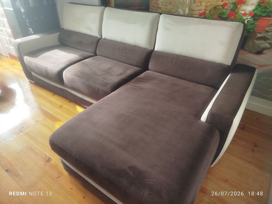 Sofá de Canto com Chaise Longue em Tecido - Ótimo Estado