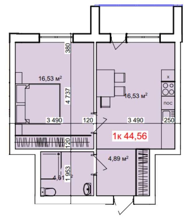 1 кім квартира , площа 44.56 м.кв в новому ЖК м.Коломия