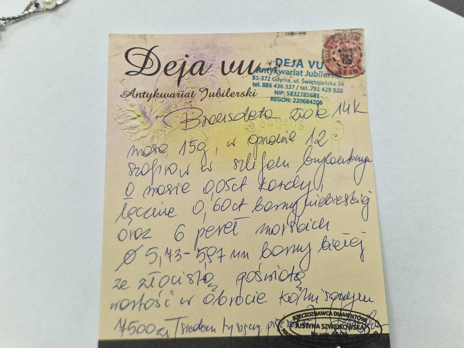 Złota bransoletka/ 585/ 14.98 gram/ Perły/ Szafiry/ Wycena/ 19.5 cm