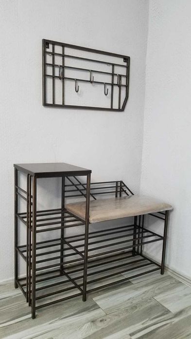 Полка для взуття, банкетка кована з мягким сидінням, вішак