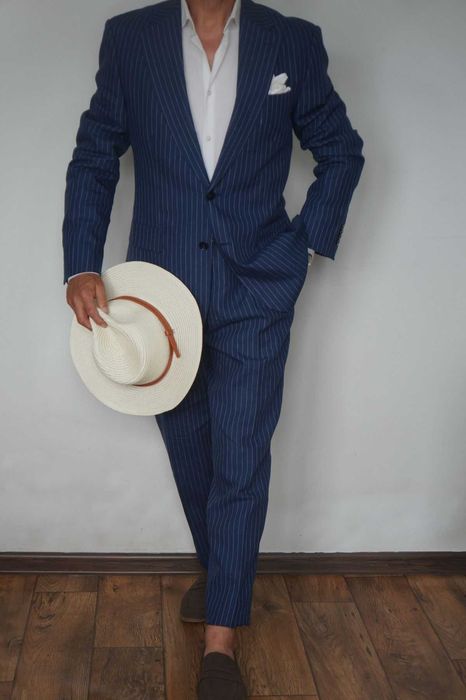 Bytom Garnitur Męski 182/100/96 Granatowy Prążki 100% Len Letni Elegancki Premium