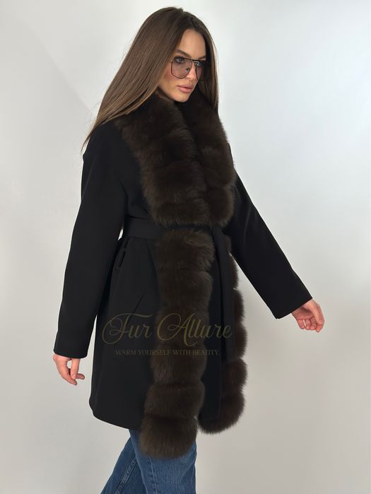 Жіноче чорне кашемірове пальто Мрія з хутром песця 90см,   42-56 рр