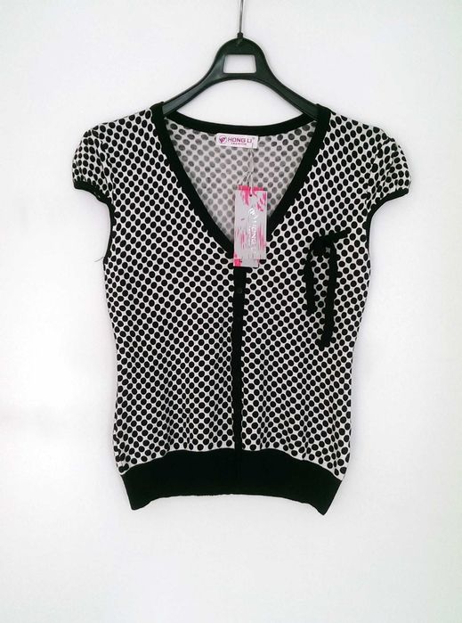 Bluzka koszulka damska z dzianiny biało czarna bez rękawów z dekoltem