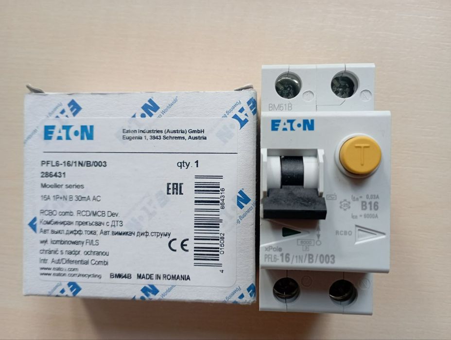 Диф автомат Eaton (Moeller) PFL6-16/1N/B/003
 16 А,