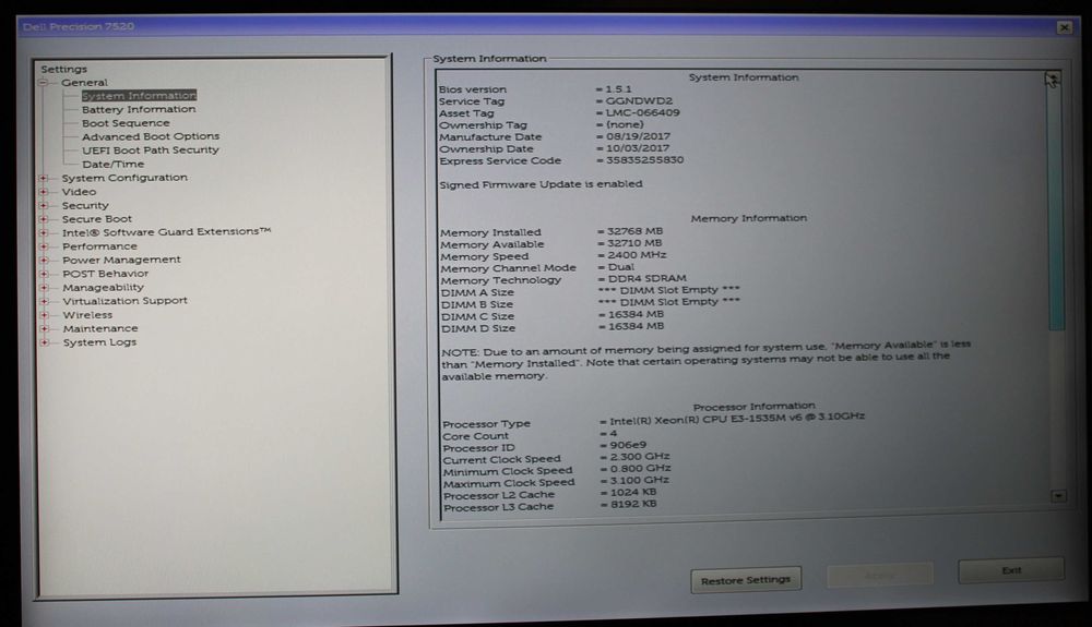 Dell Precision 7520 Quadro M1200 Xeon E3-1535M v6 UHD 4K 32GB RAM ECC