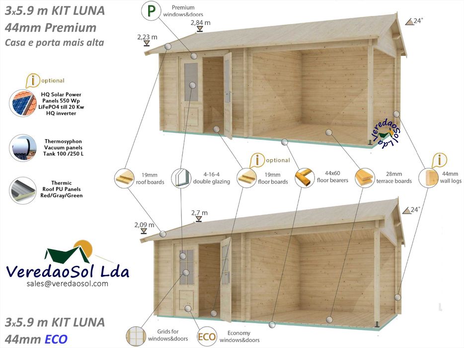 Casa Madeira LUNA Elise 28 e 44mm Coberta 22m² - Terraço 8m² 2 Modelos